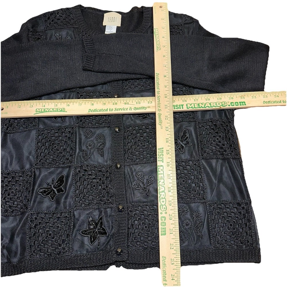 Vintage 90's Teddi‎ Button-Up Cardigan Sweater Black 3D Embroidered Women's L - Picture 10 of 11